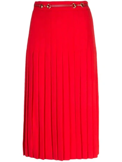 Gucci High Waisted Pleat Wool Midi Skirt With Belt In Red