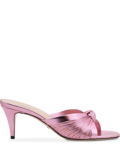 Gucci Metallic Leather Mid Heel Sandals In Pink