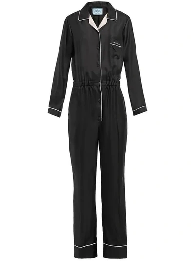 Prada Logo-patch Silk-satin Jumpsuit In F0yl5 Black/opaline/white