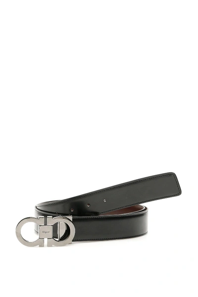 Ferragamo Reversible Double Gancio Belt In Black,brown