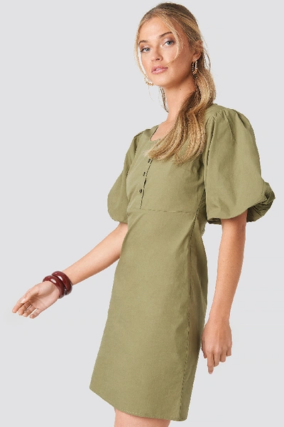 Na-kd Short Puff Sleeve Button Up Dress - Green In Dark Green
