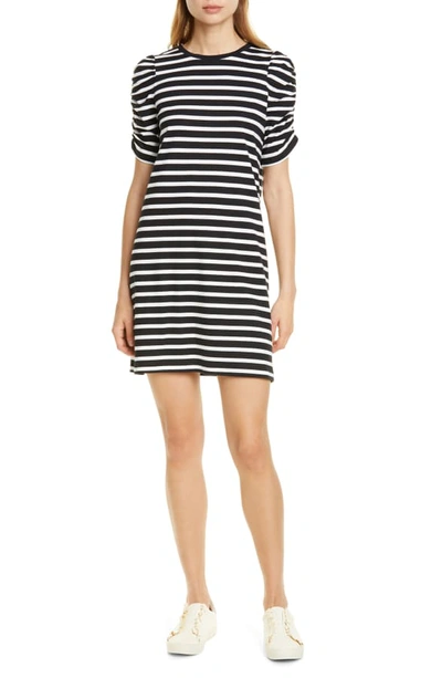 Kate Spade Sailing Stripe Ruched Sleeve Cotton Dress In Black/cream