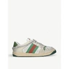 GUCCI VIRTUS CHAIN-EMBELLISHED DISTRESSED LEATHER AND TEXTILE TRAINERS