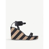 OFF-WHITE STRIPED LEATHER AND CORK WEDGE SANDALS