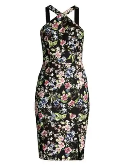 Aidan Mattox Floral-print Crepe Cocktail Dress With Cutout-back In Black Multi