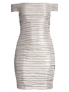 AIDAN MATTOX Off-The-Shoulder Ruched Foiled Mini Dress