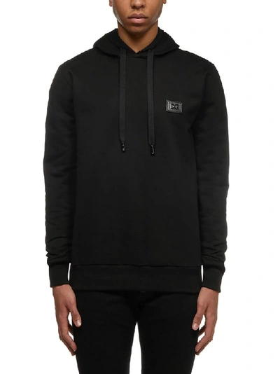 Dolce & Gabbana Plaque Cotton Hoodie In Black