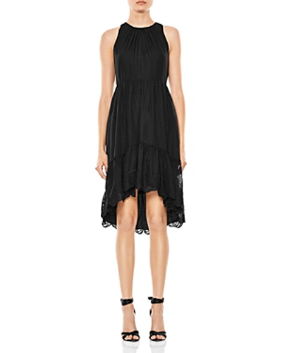 Halston Heritage High-neck Sleeveless High-low Georgette Dress W/ Embroidered Hem In Black