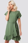 AFJ X NA-KD RUFFLE WRAP MINI DRESS - GREEN