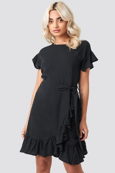 Afj X Na-kd Ruffle Wrap Mini Dress - Black