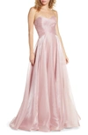 La Femme Strapless Metallic Chiffon Evening Dress In Mauve