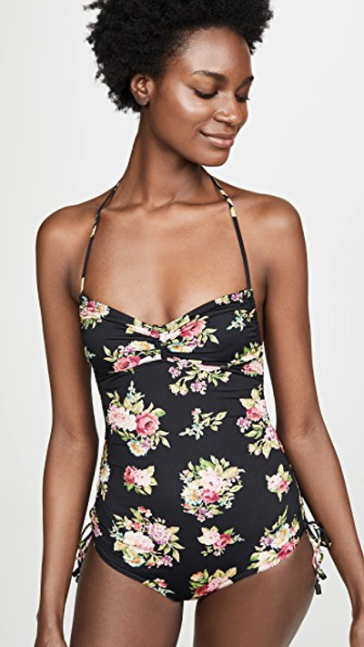 Zimmermann Honour Ruched Floral-print Swimsuit In Black