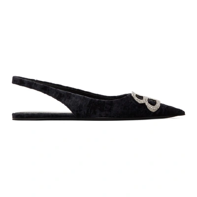 Balenciaga Knife Logo-embellished Crushed-velvet Point-toe Flats In Black / Nikel Chrystal