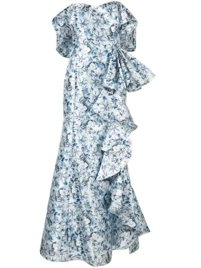 Badgley Mischka Off-the-shoulder Ruffle Gown In Blue