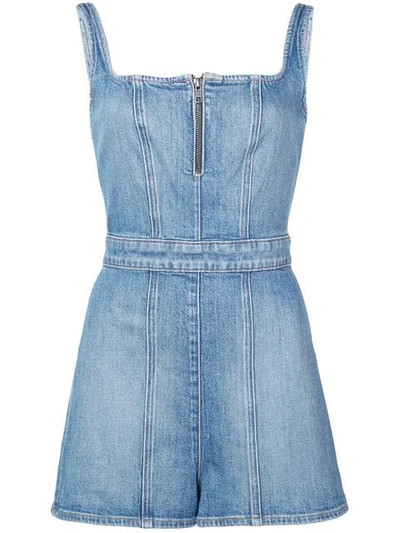 Alice And Olivia Faded Denim Playsuit In Blue