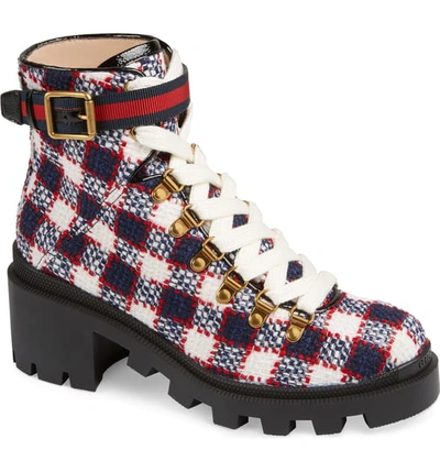 Gucci Red & White Check Tweed Ankle Boots In Blue
