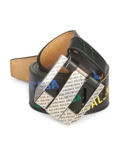 Balenciaga Men's Logo-print Leather Belt In Black