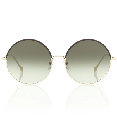 Loewe Round-frame Leather-trimmed Gold-tone Sunglasses In Brown