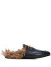 Gucci Princetown Horsebit-detailed Shearling-lined Leather Slippers In Black ,brown
