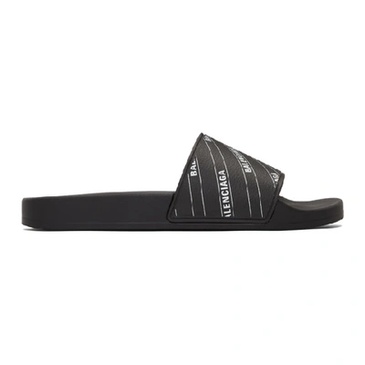 Balenciaga Black & White Stripe Logo Piscine Slides