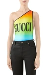 Gucci Multicolor Women's Logo Print One-shoulder Swimsuit In Black/ Multicolor