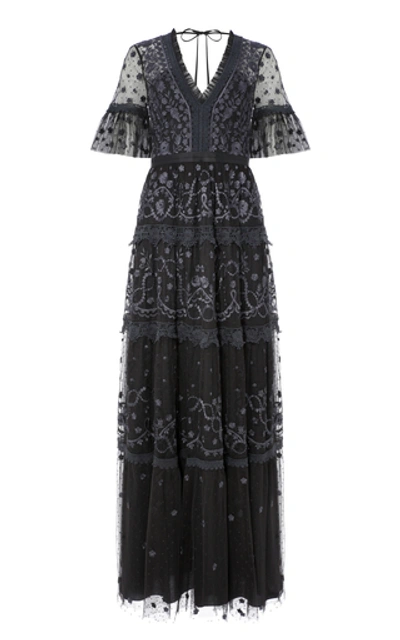 Needle & Thread Midsummer Lace-trimmed Embroidered Point D'esprit Tull In Black