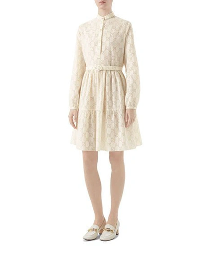 Gucci Micro Gg Broderie Anglaise Long Sleeve Dress In Ivory