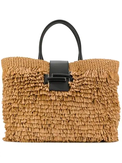 Tod's Fringed Straw Tote - 大地色 In Neutrals