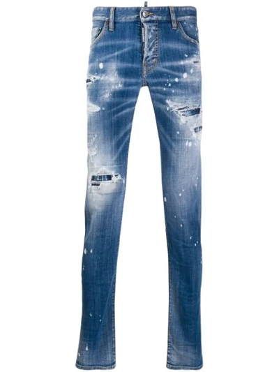 Dsquared2 Ripped White Spots Slim Jeans In Blue