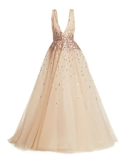 Monique Lhuillier Sleeveless Embroidered Tulle Ball Gown In Blush