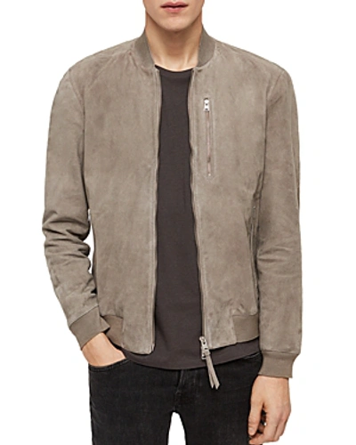 Allsaints Kemble Suede Slim Fit Bomber Jacket In Light Khaki