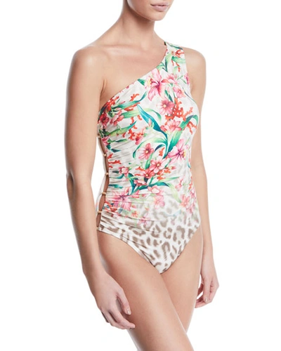 Carmen Marc Valvo One-shoulder Floral Leopard Ombre One-piece Swimsuit