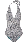 Heidi Klein Mozambique One-piece Snake-print Button Front Bodysuit In Gray