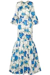 REBECCA DE RAVENEL PATIO BELTED RUFFLED FLORAL-PRINT SILK-BLEND TWILL MAXI DRESS