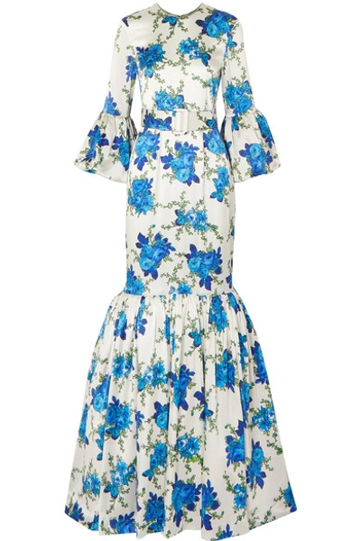 Rebecca De Ravenel Patio Belted Ruffled Floral-print Silk-blend Twill Maxi Dress In Blue