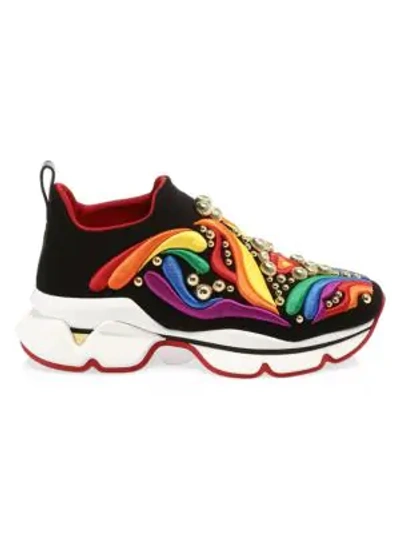 Christian Louboutin Space Sock Donna Rainbow-embroidered Sneakers In Black Multi
