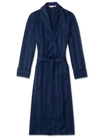 Derek Rose Lingfield Satin-striped Cotton Dressing Gown In Navy