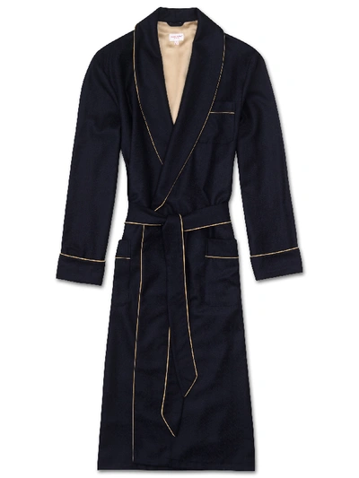 Derek Rose Duke Silk-trimmed Herringbone Cashmere Dressing Gown In Navy