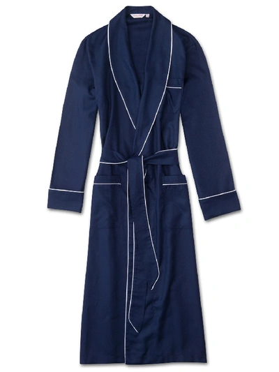 Derek Rose Lombard Piped Cotton-jacquard Dressing Gown In Navy