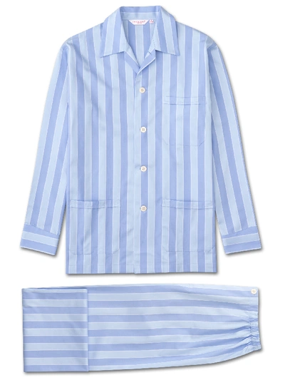 Derek Rose Men's Classic Fit Pyjamas Mayfair Pure Cotton Satin Stripe Blue