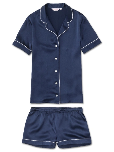 Derek Rose Women's Shortie Pyjamas Bailey Pure Silk Satin Navy In Blue