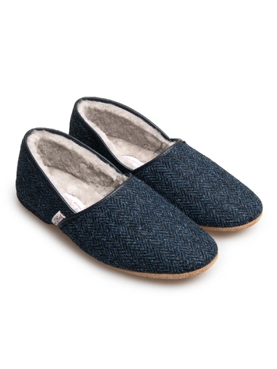 Derek Rose Crawford Shearling-lined Harris Tweed Slippers In Navy