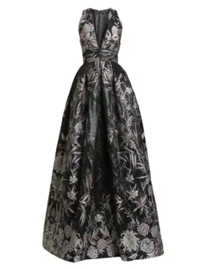 Zuhair Murad Japanese Garden V-neck Ball Gown In Japanese Garden Black