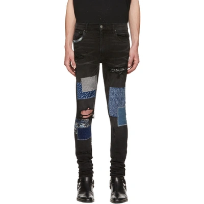 Amiri Patchwork Distressed Slim-leg Jeans In Black