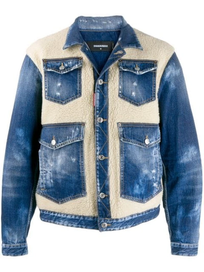 Dsquared2 Faux Shearling Panels Denim Jacket In Multicolor