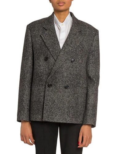 Saint Laurent Cashmere Plaid Double-breasted Boxy Jacket In Anthracite