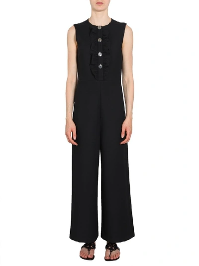 Tory Burch Cropped Ruffle-trimmed Button-detailed Twill Wide-leg Jumpsuit In Black