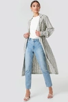 NA-KD Striped Linen Look Trench Coat Grey