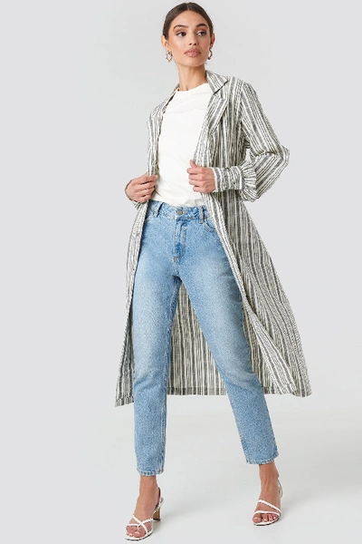Na-kd Striped Linen Look Trench Coat Grey In Blue/white