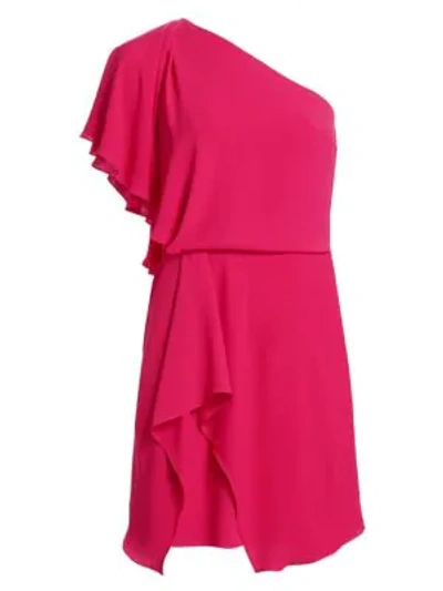 Halston Heritage Flowy One-shoulder Mini Dress With Draped Skirt In Bright Raspberry